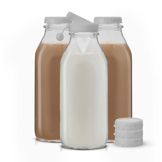 JoyJolt® Reusable Glass Milk Bottle Set with Lid & Pourer in Clear | 32 fl oz | Michaels®